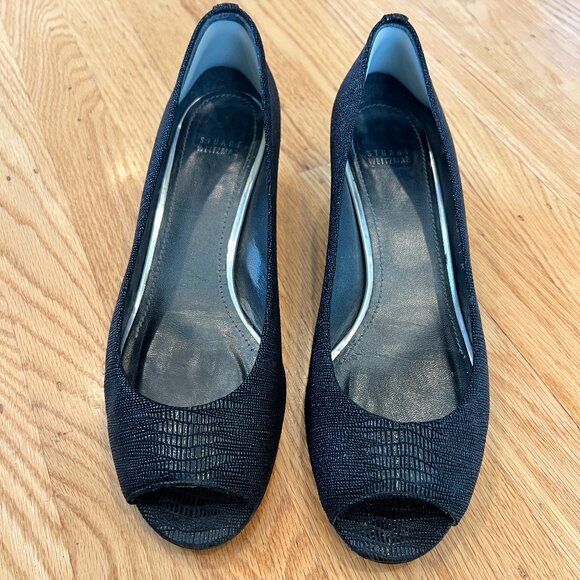 ~Stuart Weitzman~ Black Patent Leather Peep Toe Flats Size 11 - Picture 2 of 11